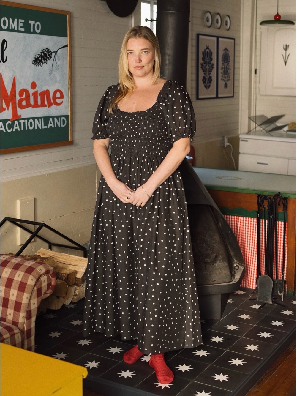 Tradlands Goldie Black Polka Dot Smocked Midi Dress